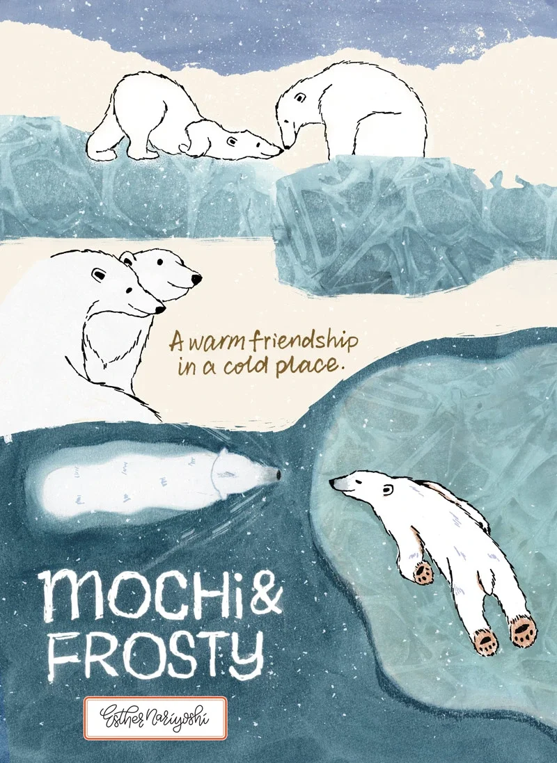 Hand-drawn picture book cover showing two polar bears exploring icy Arctic waters under falling snow, titled “Mochi & Frosty.”