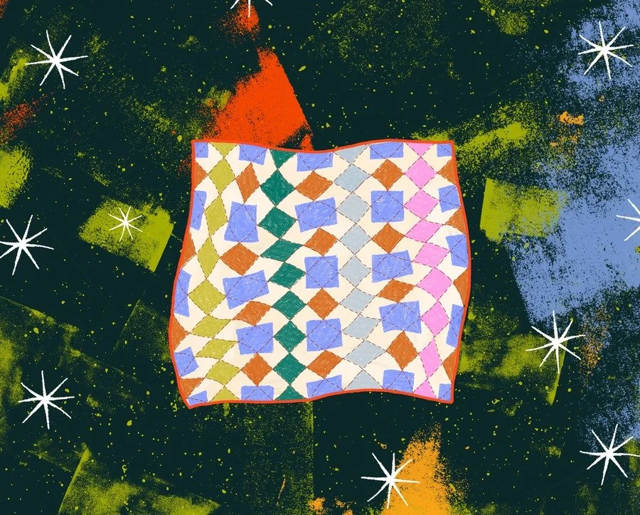 Colorful patchwork quilt floats against a dark, starry sky with bright painted bursts of color and simple white star shapes.