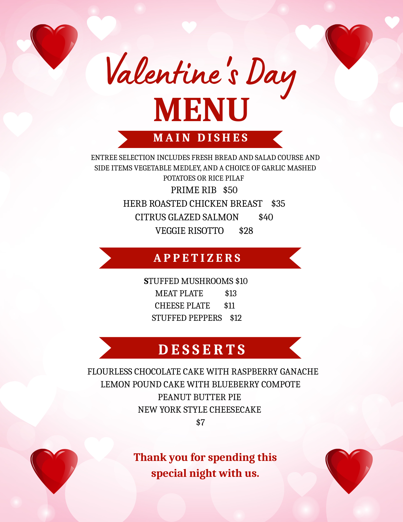 Valentine’s Weekend Special Menu