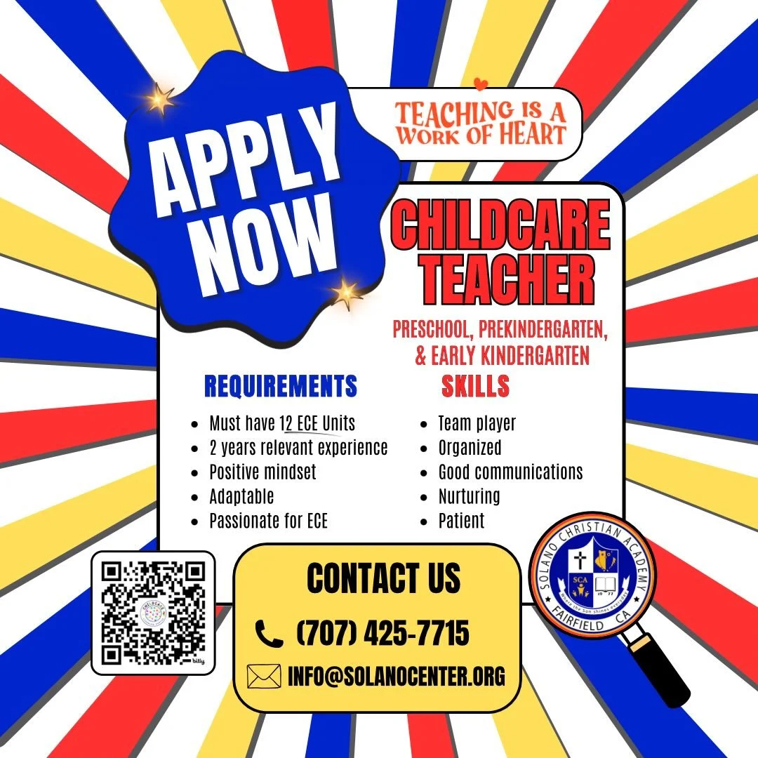 Know a Childcare #teacher who has their ECE hours and who is patient, kind, nurturing, and a team player? Is that person YOU? Set up a visit. Get us your r&eacute;sum&eacute;. Join our team.
.
#solanochristianacademy 
#privateeducation
#fairfieldca #