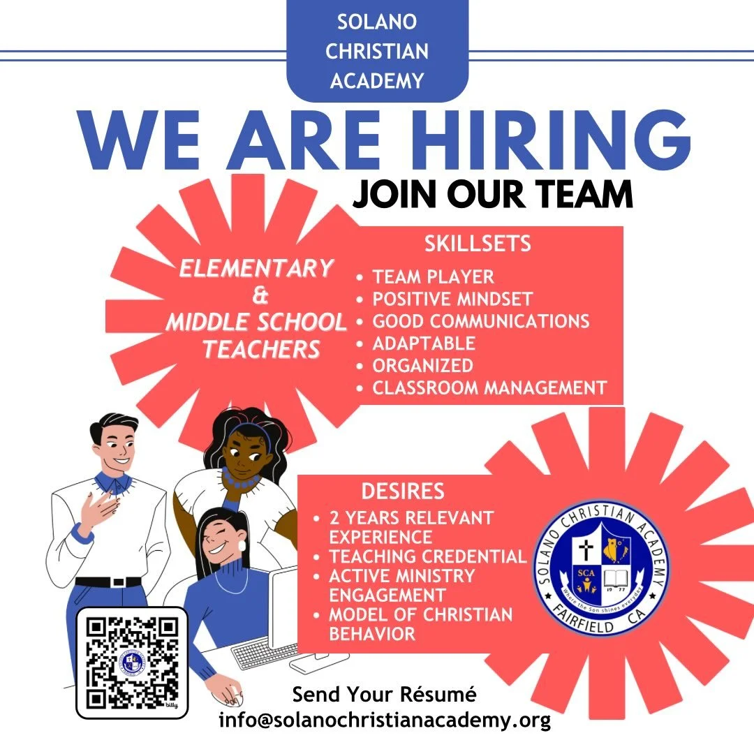 Know a #teacher who is patient, kind, nurturing, organized and a team player? Is that person YOU? Set up a visit. Get us your r&eacute;sum&eacute;. Join our team.
.
#solanochristianacademy 
#privateeducation
#elementaryschool 
#fairfieldca solanocent