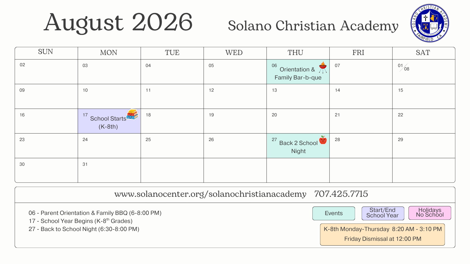 Image of the August 2026 calendar
