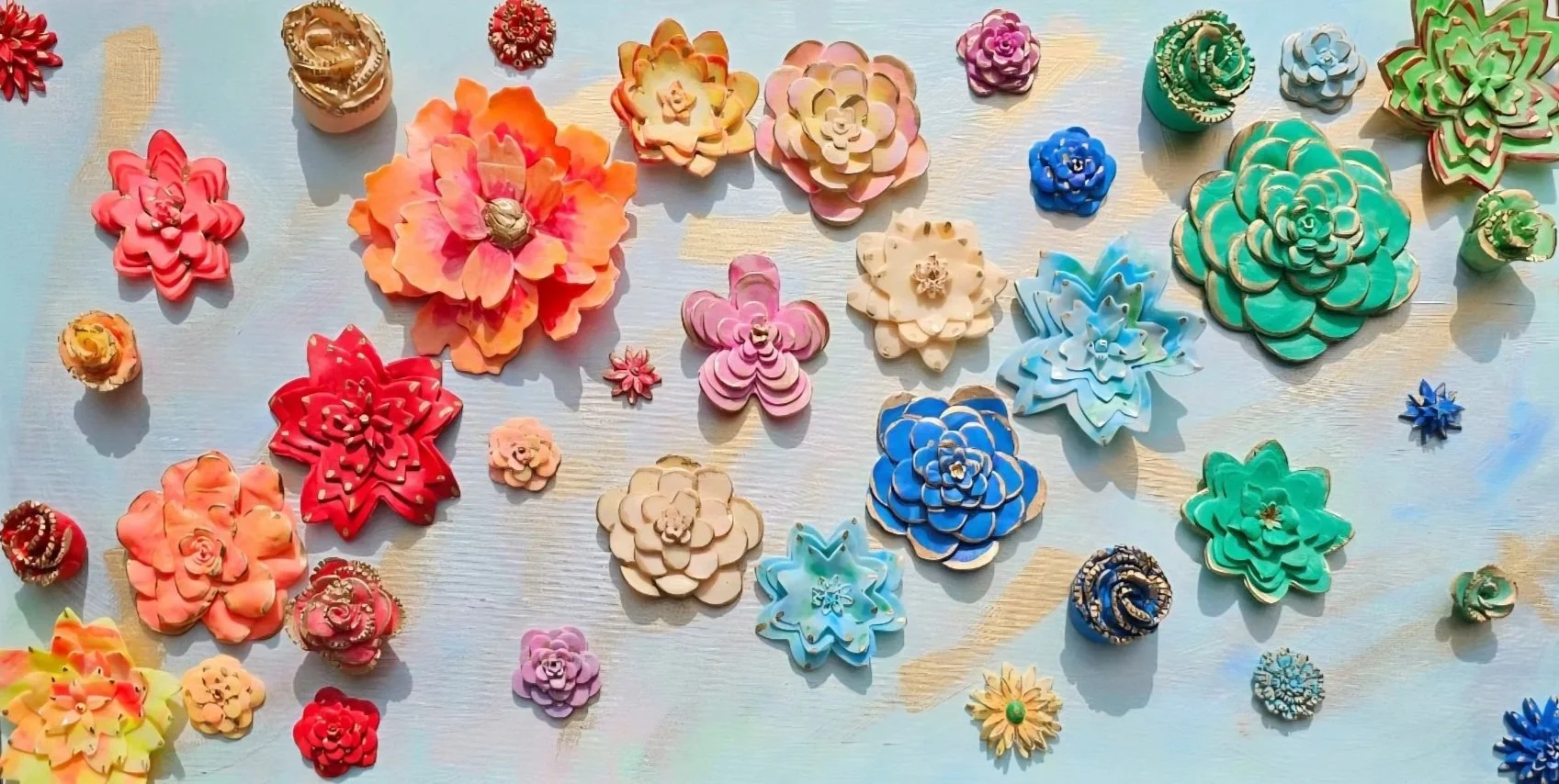Vibrant porcelain succulents and a peony on a 32x16 canvas.