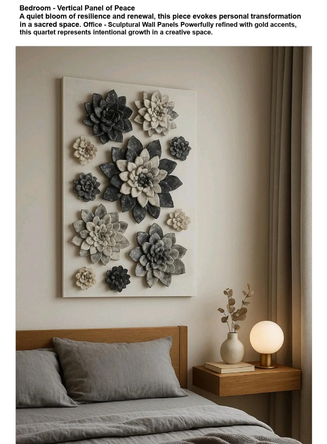 Bedroom - Vertical Panel of Peace
A quiet bloom of resilience and renewal, this piece evokes personal transformation in a sacred space.