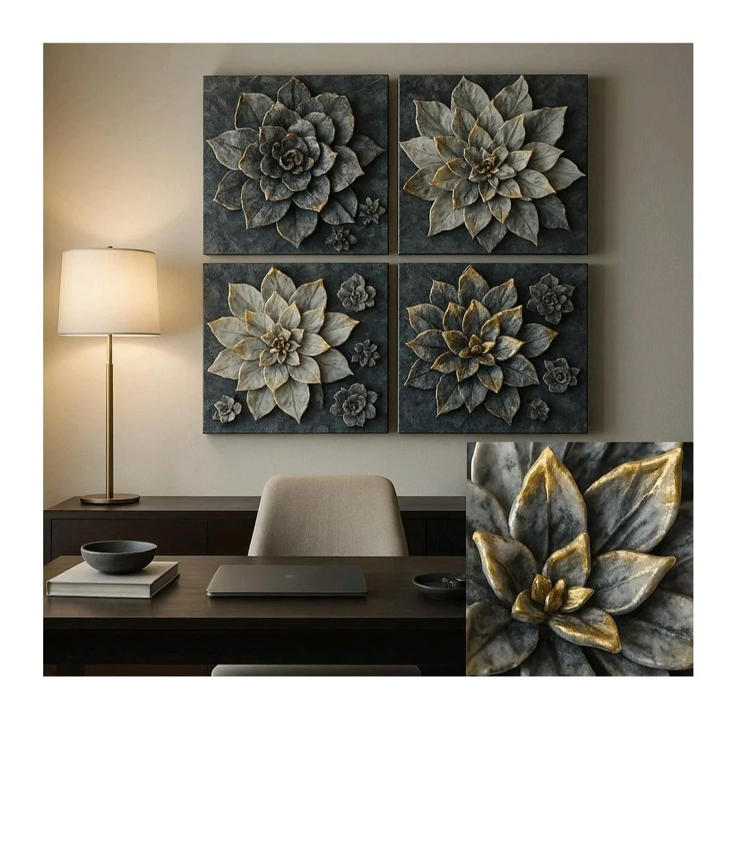 Office - Sculptural Wall Panels Powerfully refined with gold accents, this quartet represents intentional growth in a creative space.