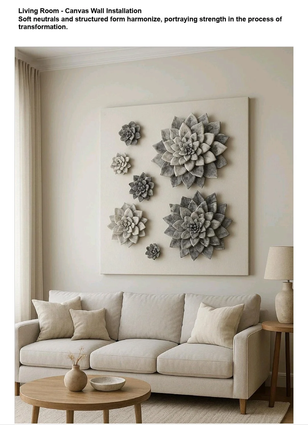 Living Room - Canvas Wall Installation
Soft neutrals and structured form harmonize, portraying strength in the process of transformation.