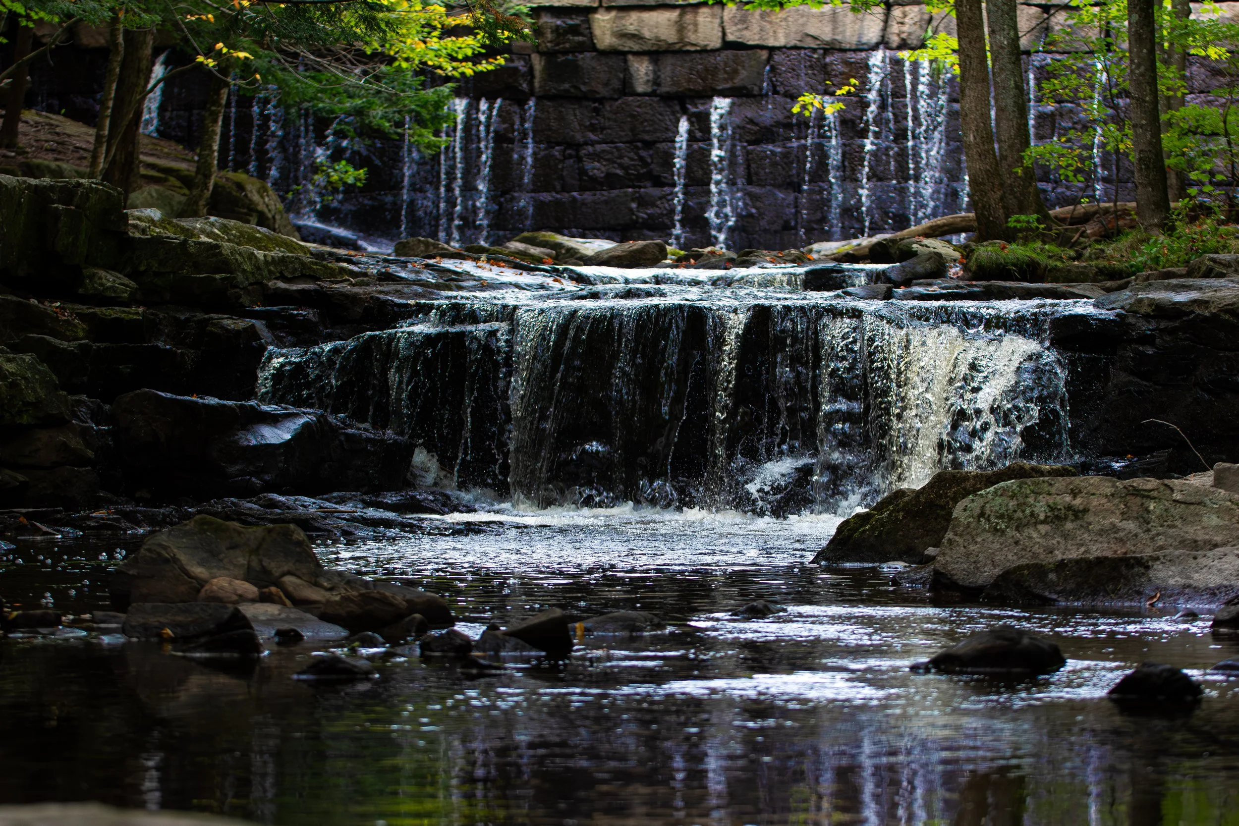 A small waterfall with water cascading over rocks into a pond, surrounded by mossy stones and lush green trees.