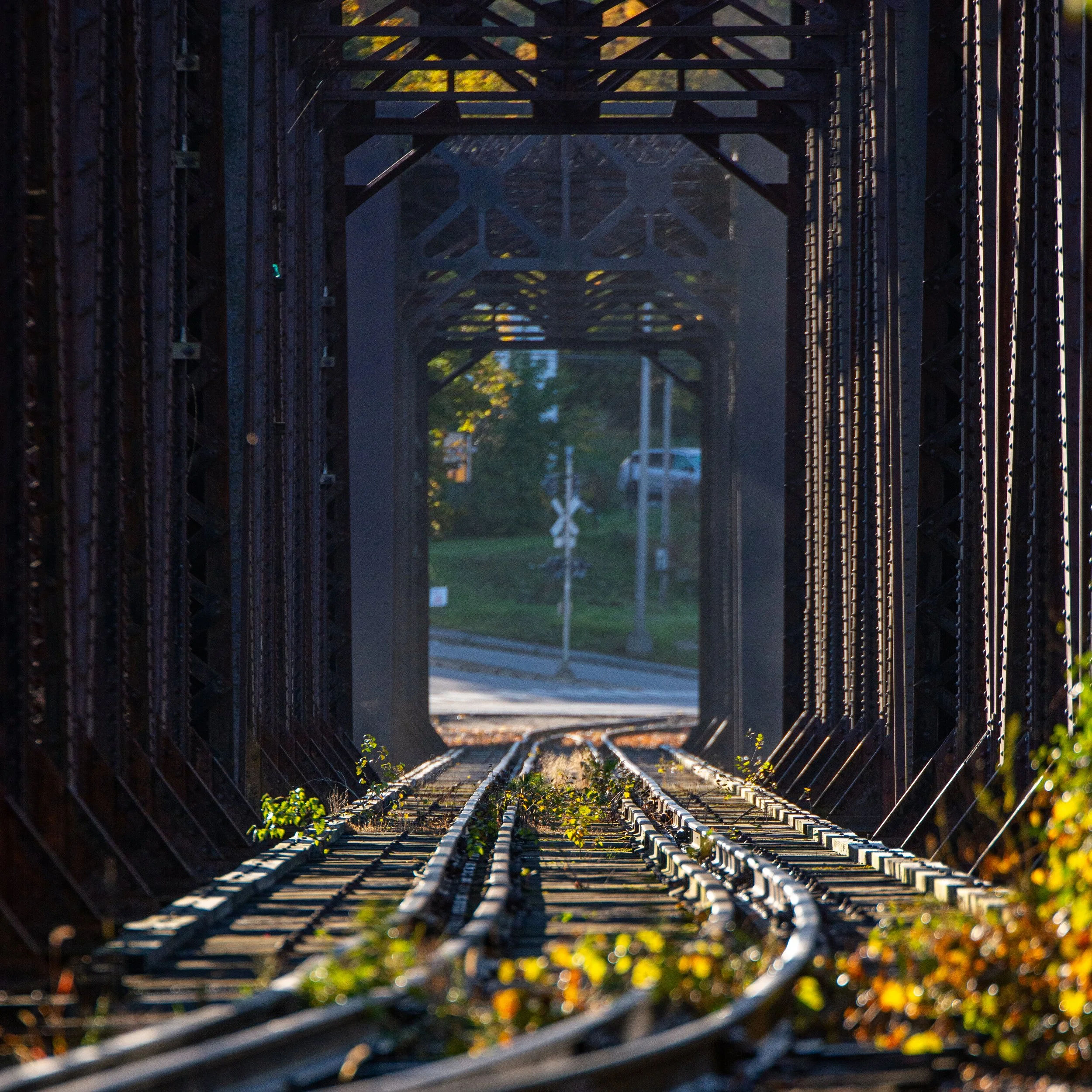 View through the bottom of a train bridge, showing the metal structure of the bridge with trees and a car visible in the background