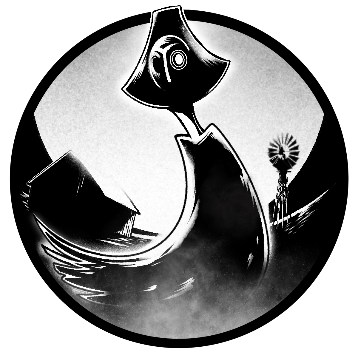 Dark image with a small, illuminated, skeleton-like figure, a circular gear, and a large, ominous triangular shape.