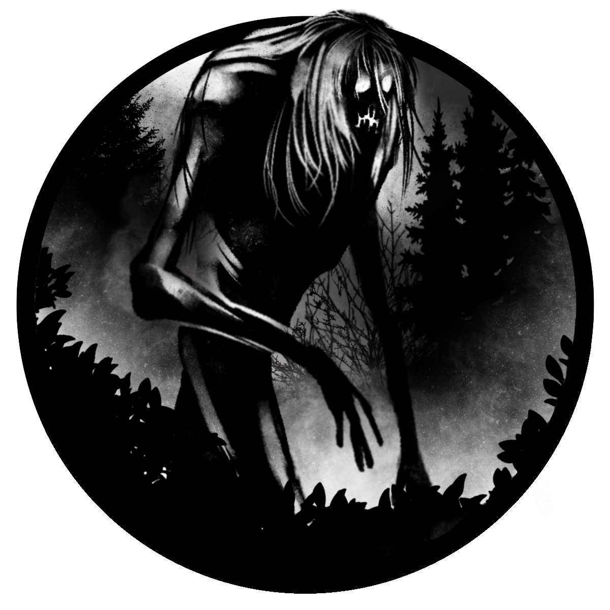 Dark silhouette of a humanoid creature with long hair and elongated fingers, crouching behind bushes with trees and starry sky in the background.