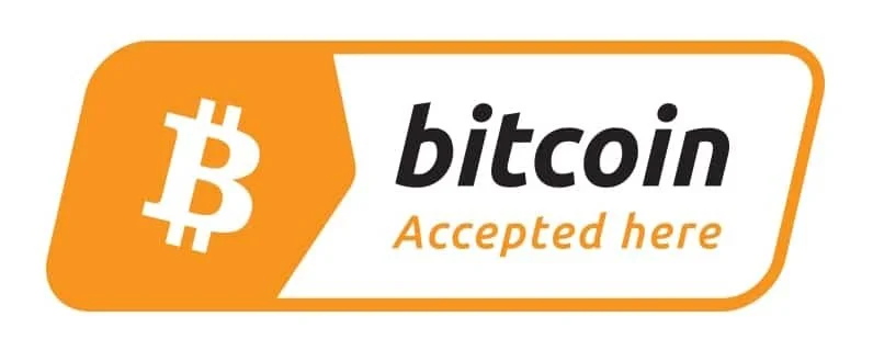 Sign indicating bitcoin is accepted here, with an orange and white design and the Bitcoin logo.