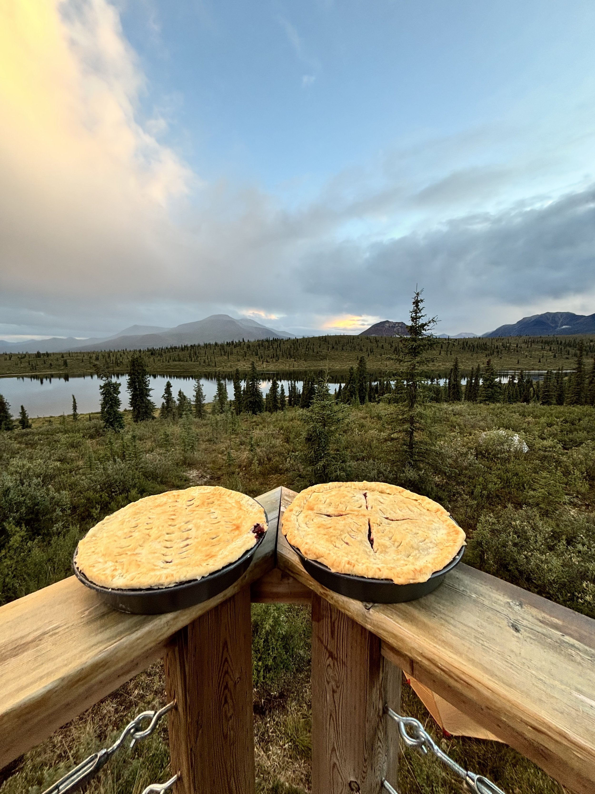 Two freshly baked pies cooling on a wooden railing with a scenic view of a forested landscape and mountains in the background.