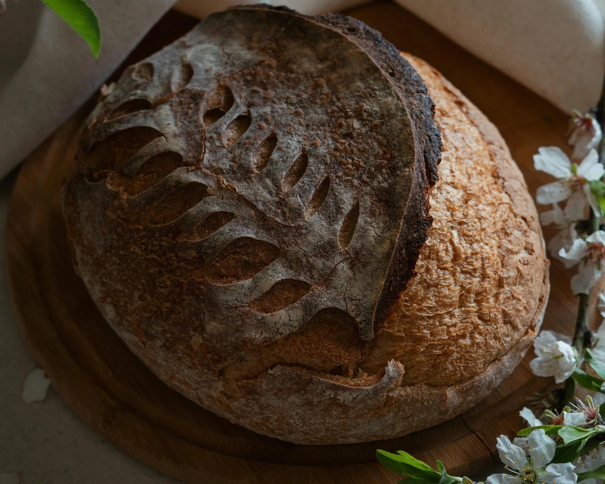 Rustic round loaf of bread with a patterned crust, with a branch of white blossoms nearby.