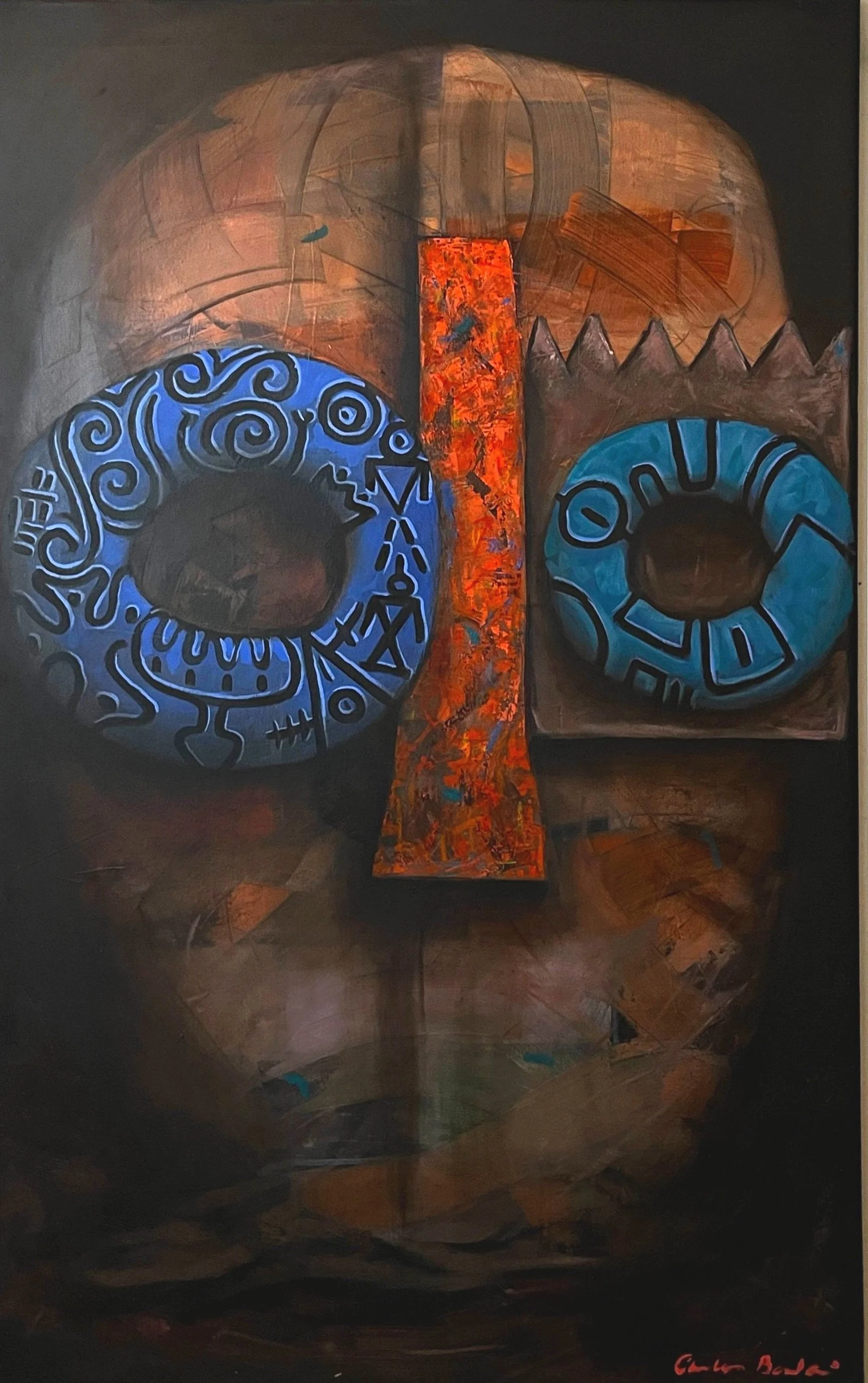 An abstract painting featuring two large blue circular shapes with intricate black patterns, a tall textured red vertical strip in the center, and a dark background with warm earth tones. The artist's signature appears in red at the bottom right corner.