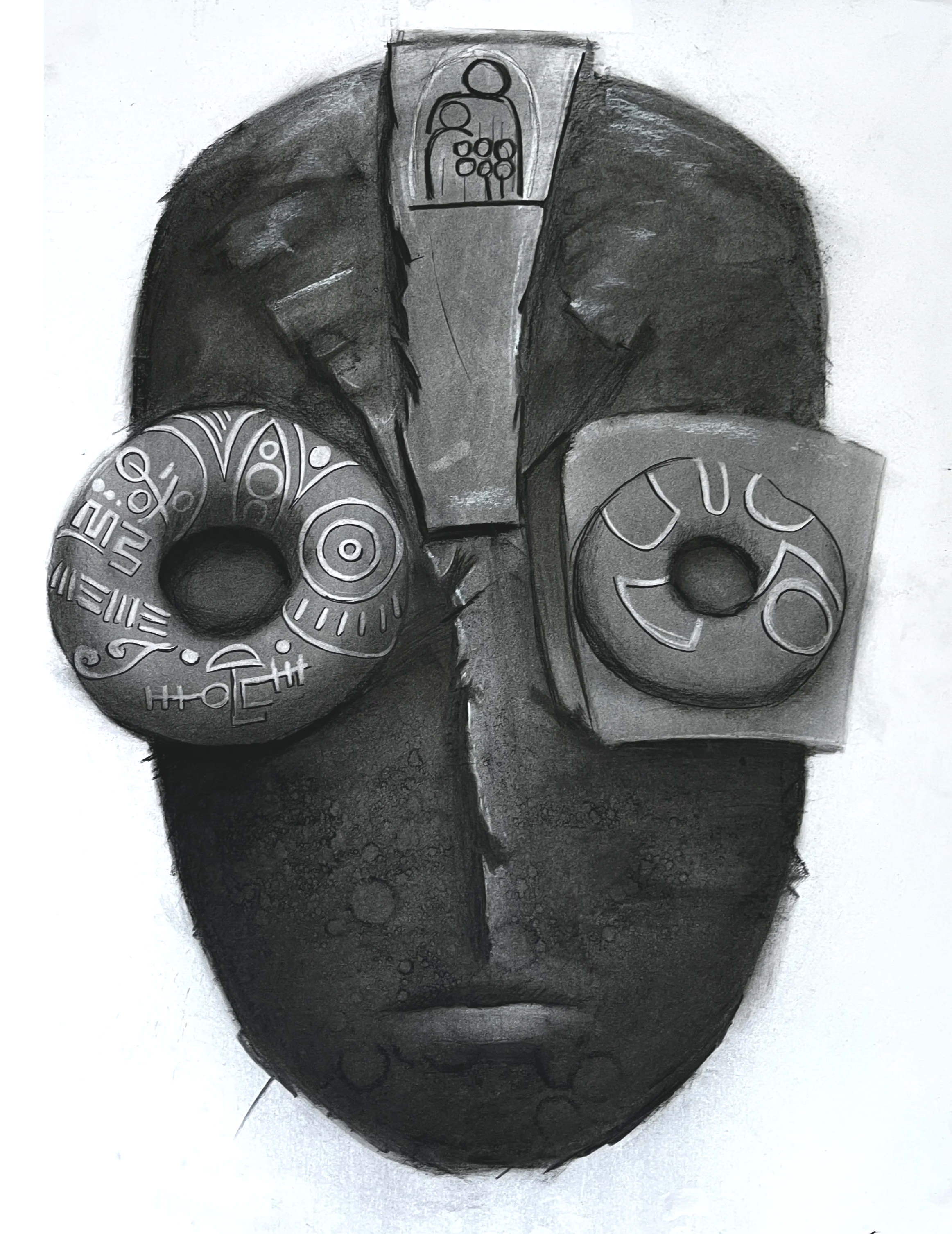 Black and white drawing of a human face with eyes closed, with two decorated donuts resting on the forehead and cheek, and a small rectangular object on the nose.