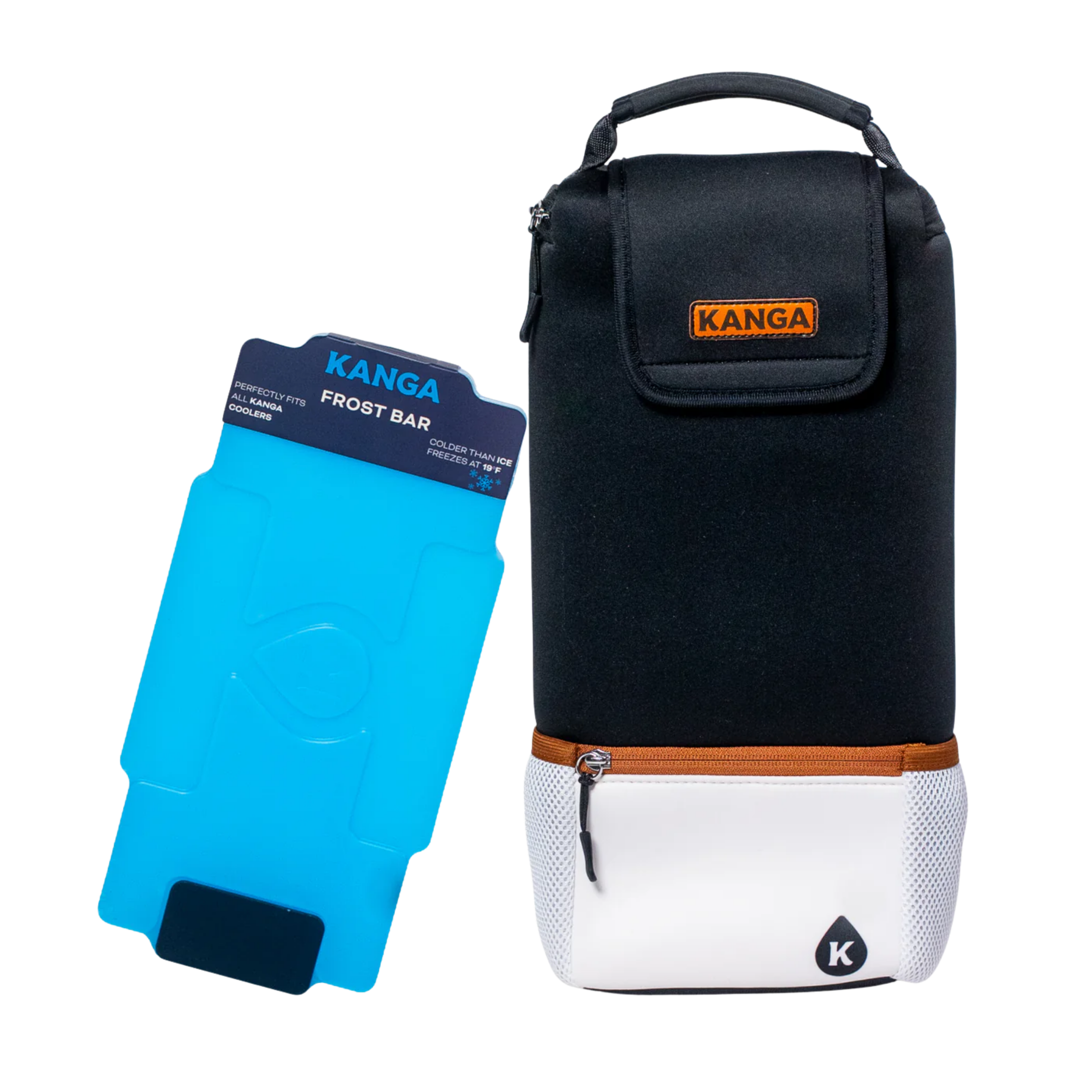 A black KANGA brand camera bag with an orange logo patch, a blue KANGA frost bar, and white textured pants with black KANGA logo dots.