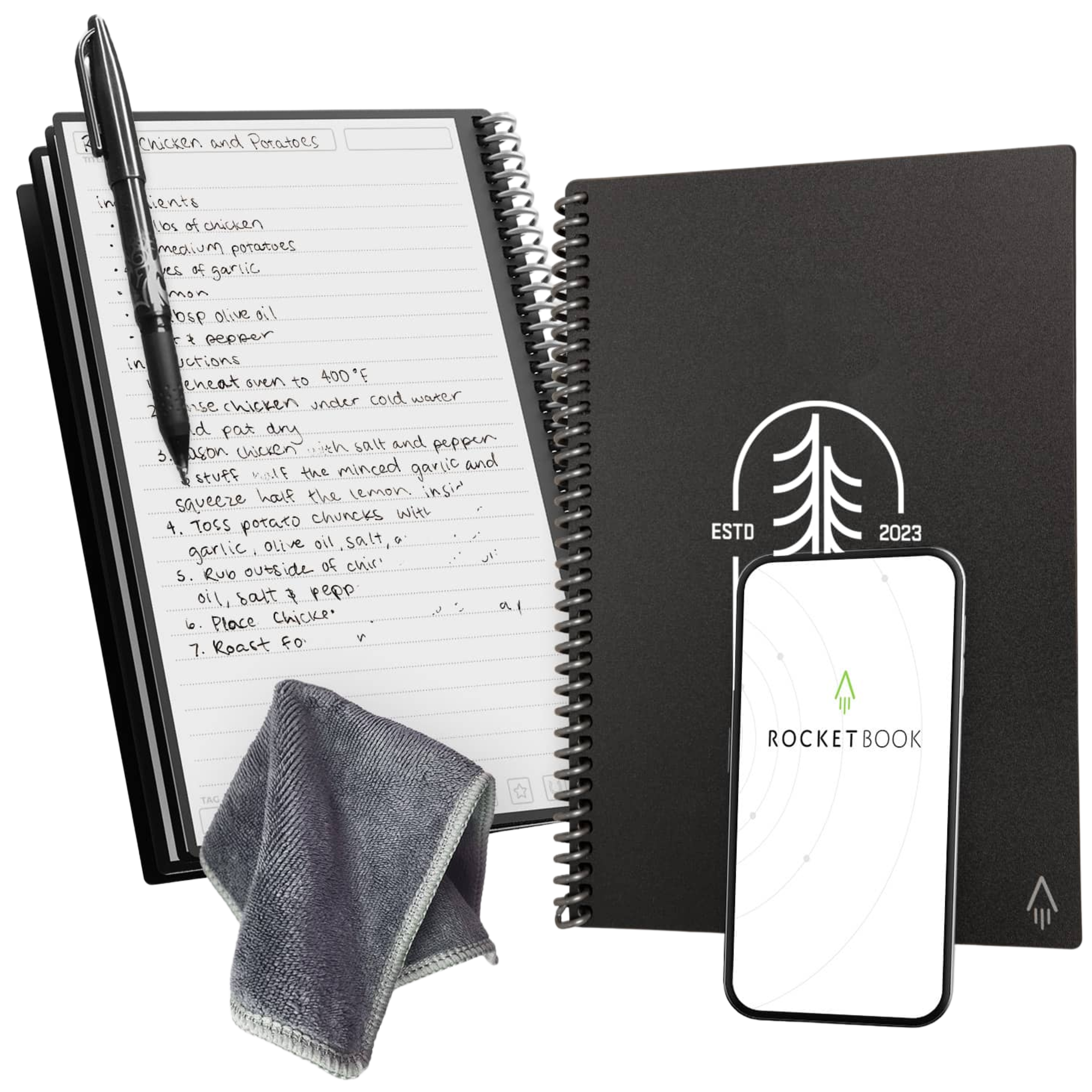 Notepad with chicken and potatoes recipe, pen placed on it, a gray towel, a black folder, and a smartphone showing Rocketbook app in the image.