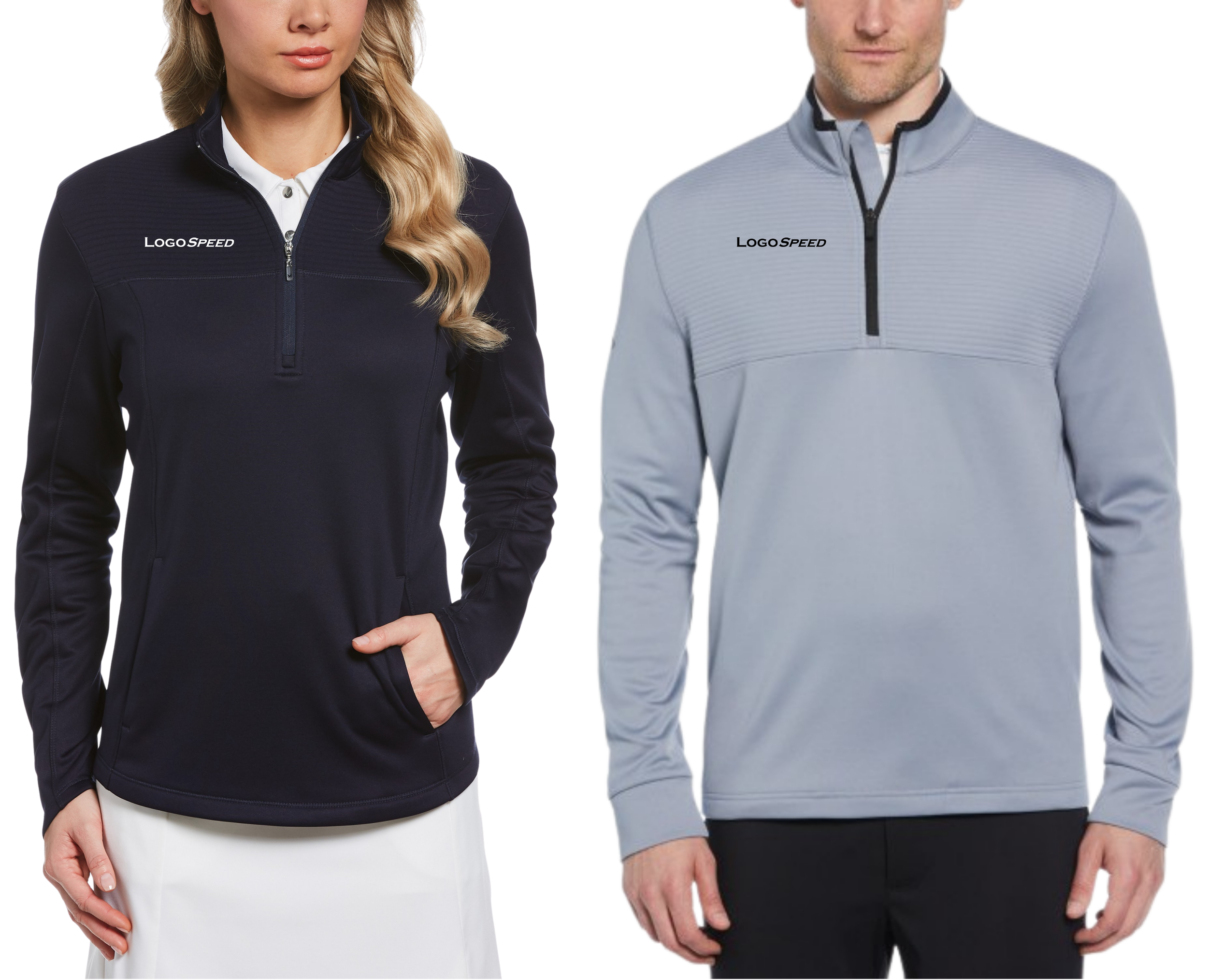 A woman wearing a navy blue quarter-zip jacket with the logo 'LOGOSPEED' and a white skirt, and a man wearing a light grey quarter-zip jacket with the same logo, standing side by side against a plain background.