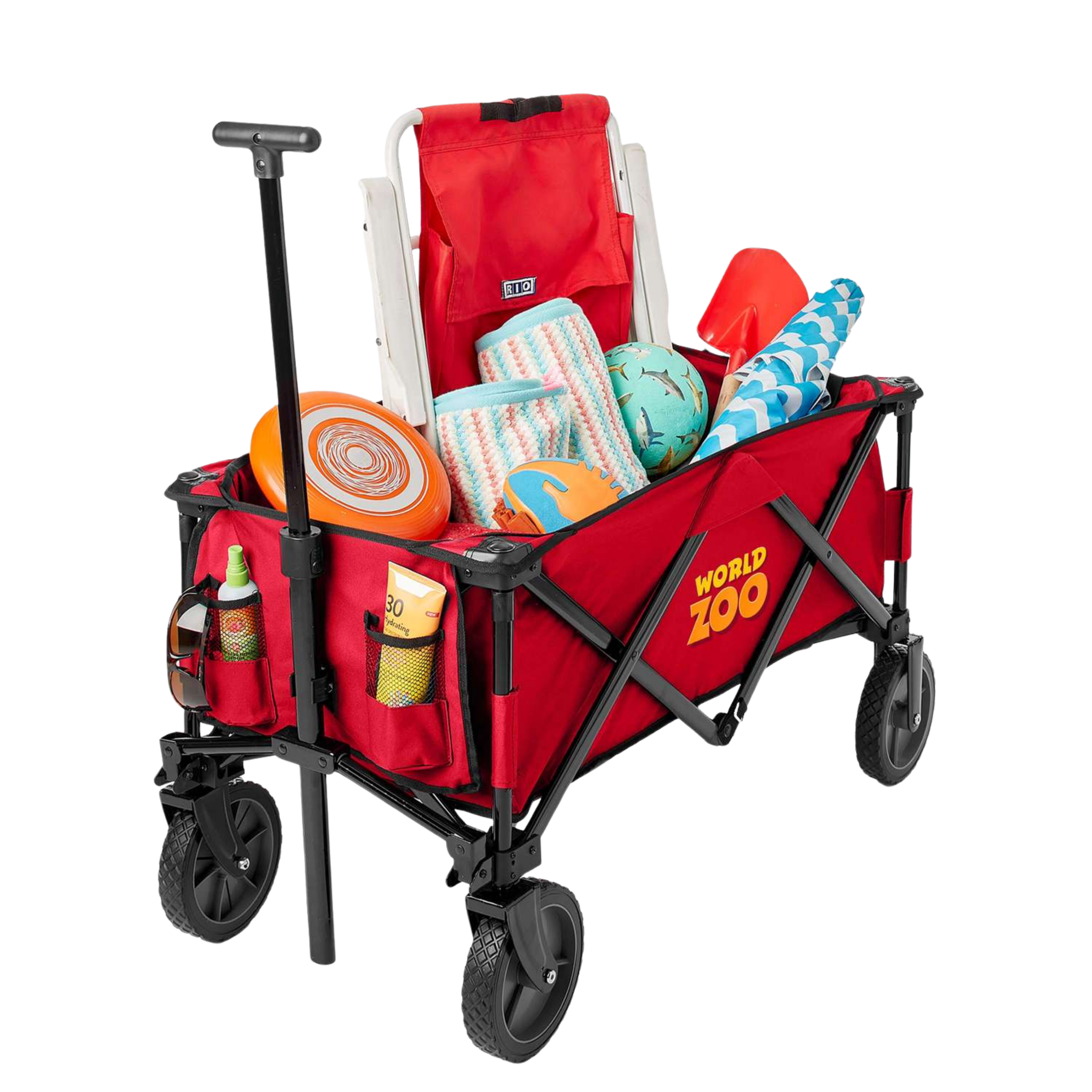 A red beach wagon filled with beach toys, a towel, and a ball, set against a plain white background.
