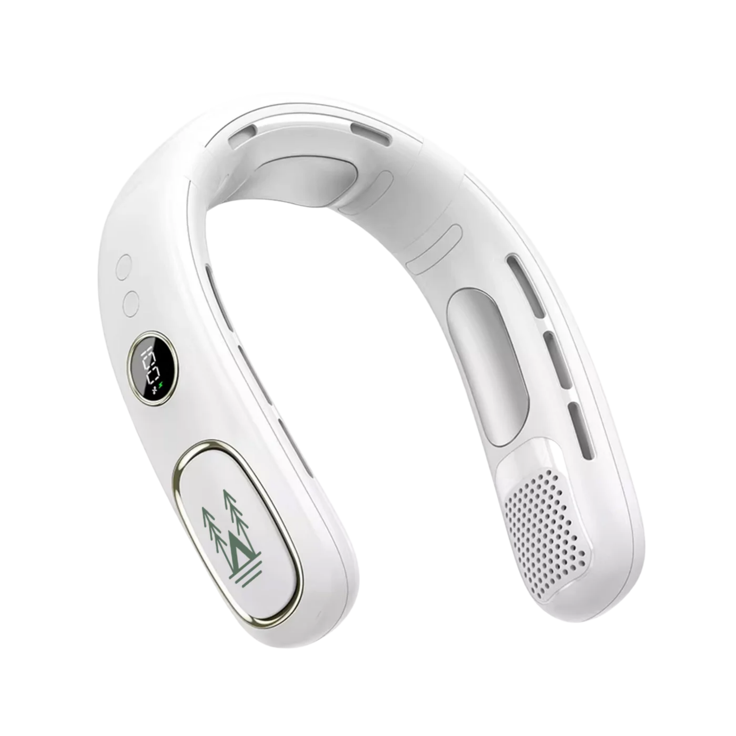 A white, curved, electronic neck fan with a digital display.