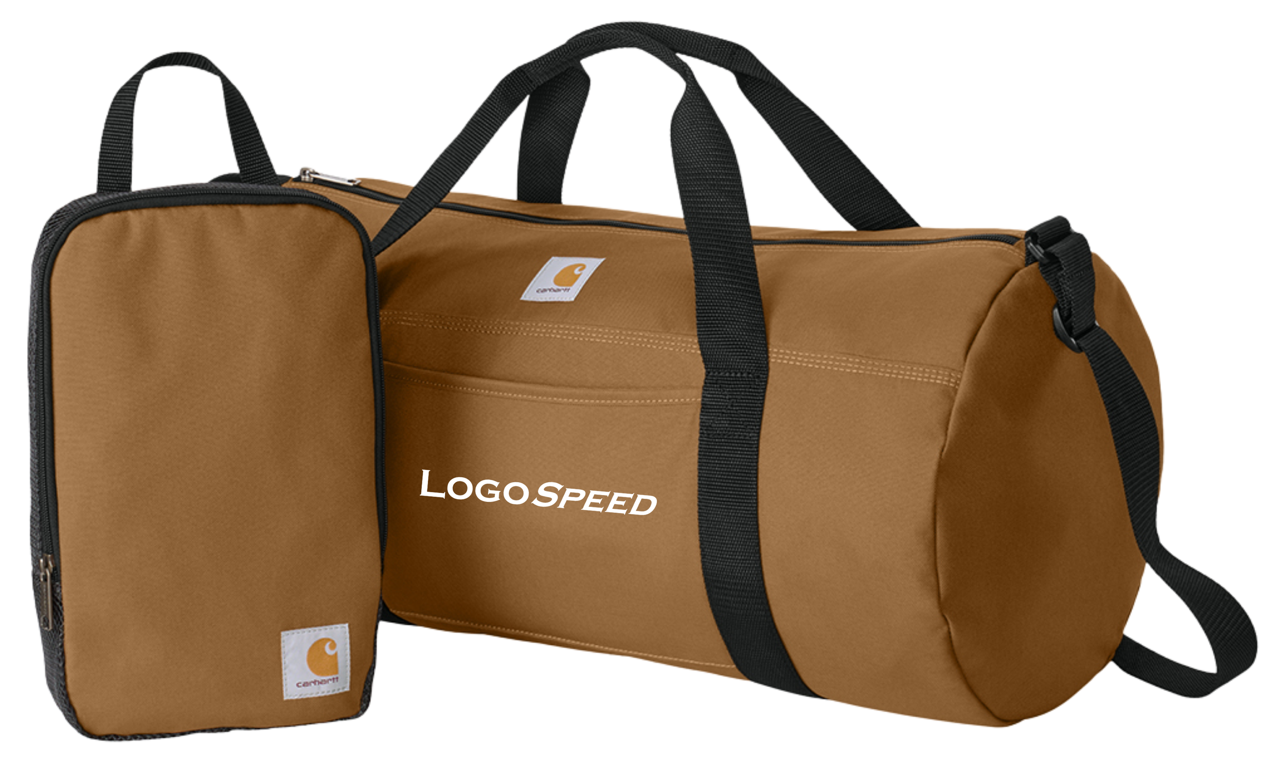 A brown Carhartt duffel bag and matching accessory bag with black handles and straps, featuring the Carhartt logo and the words 'LOGO SPEED' on the duffel.