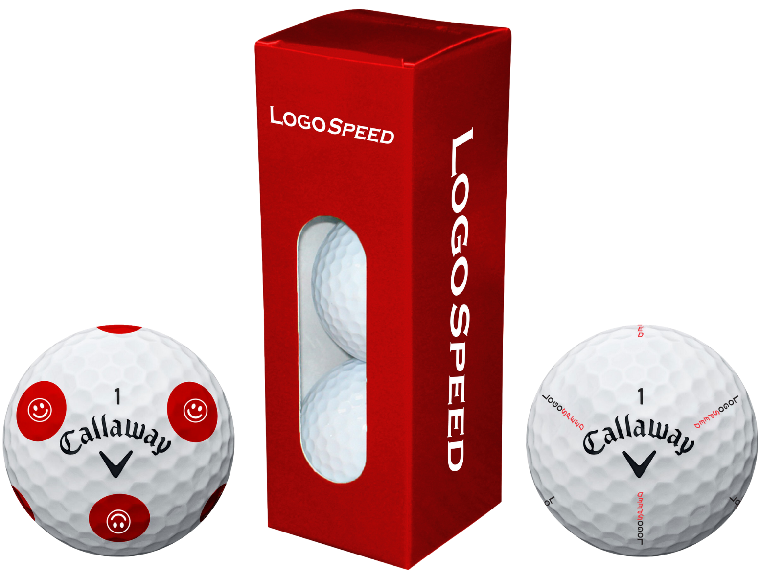 A Callaway golf ball with red logo and smiley face marks, a box labeled 'LOGO SPEED' containing golf balls, and two additional golf balls with similar markings.