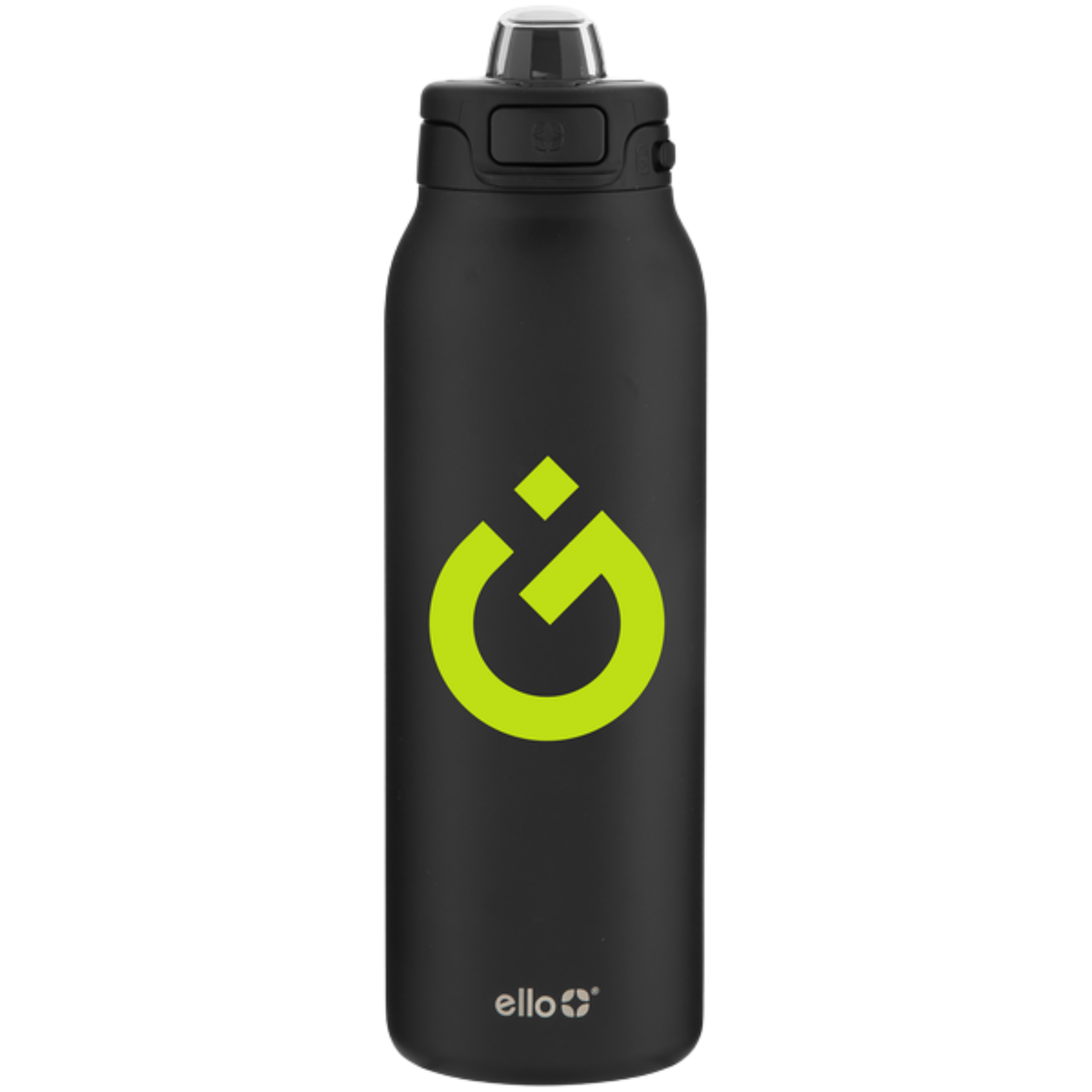 Black reusable water bottle with lime green logo and the word 'ello' at the bottom.