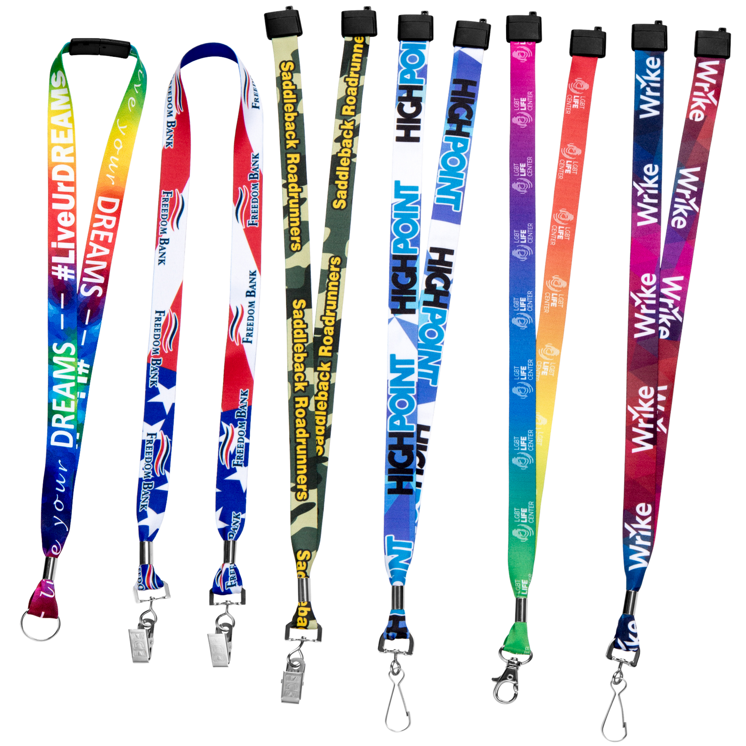 Collection of colorful lanyards with various logos and text, featuring metal clips at the ends, arranged in a row.