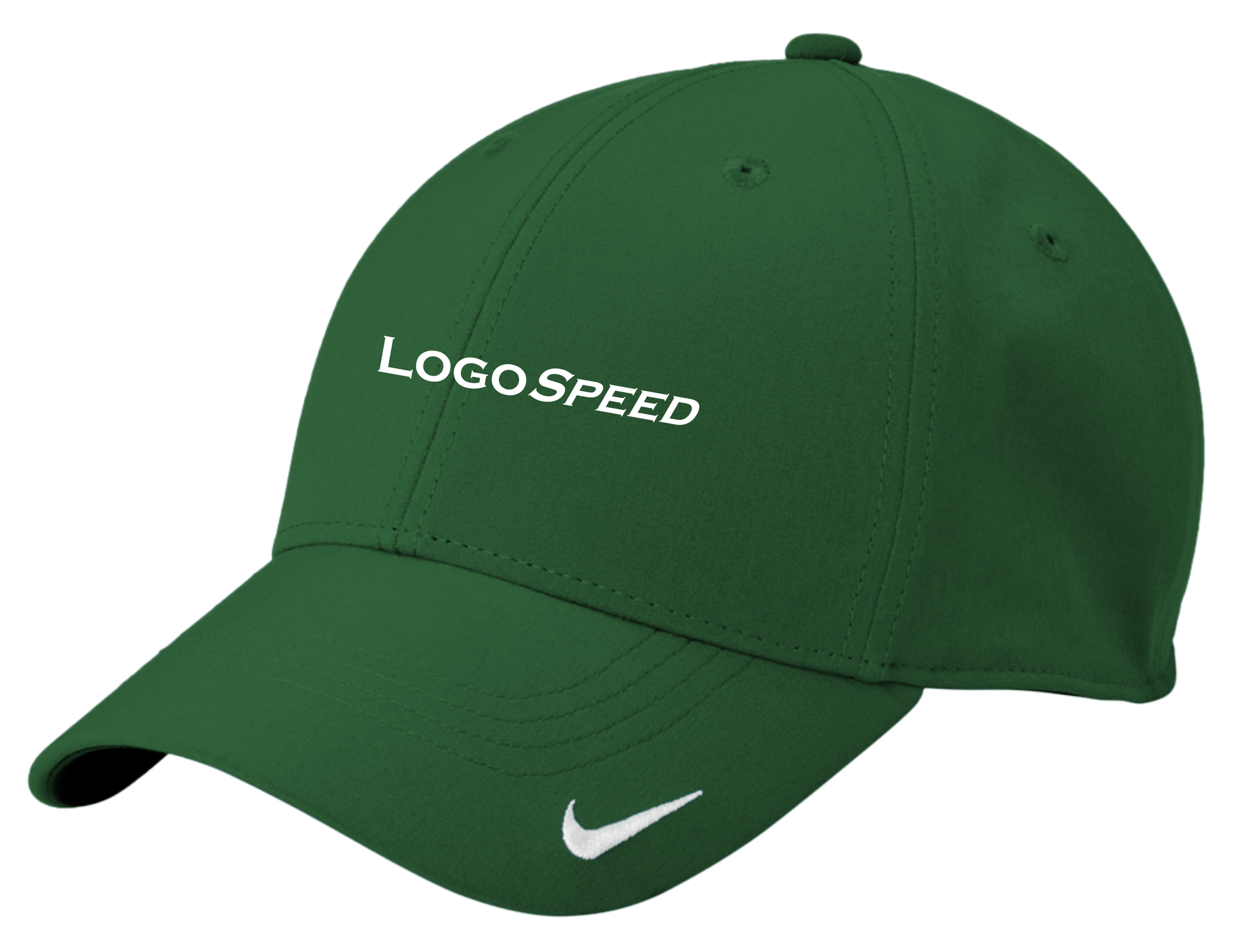 A green Nike baseball cap with the words "LOGOSPEED" embroidered on the front and a white Nike swoosh logo on the curved bill.