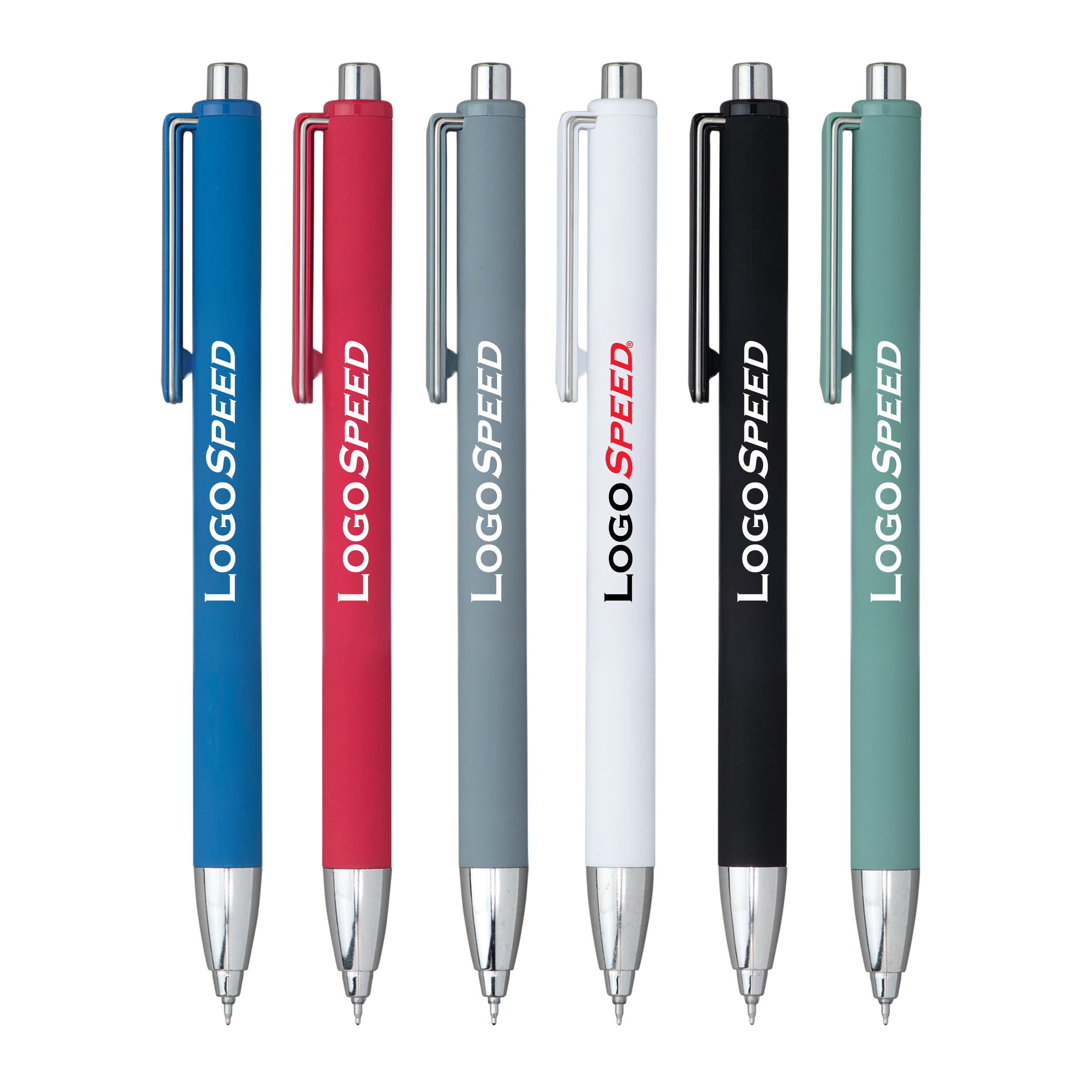 Six colorful retractable ballpoint pens with silver tips and clips, arranged in a row against a black background.