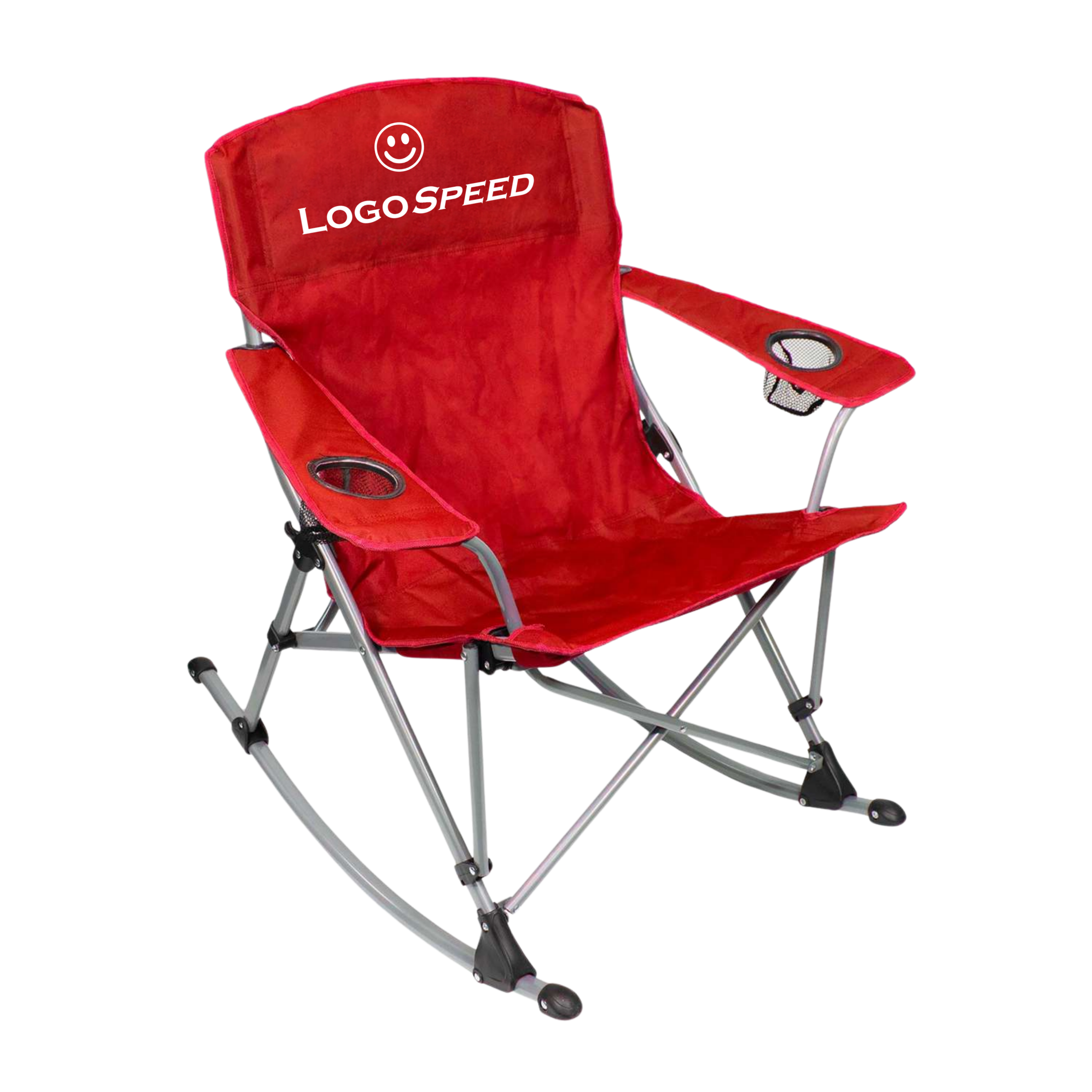 A red folding chair with a mesh cup holder on the armrest and the words 'LOGO SPEED' along with a smiling face graphic on the backrest.