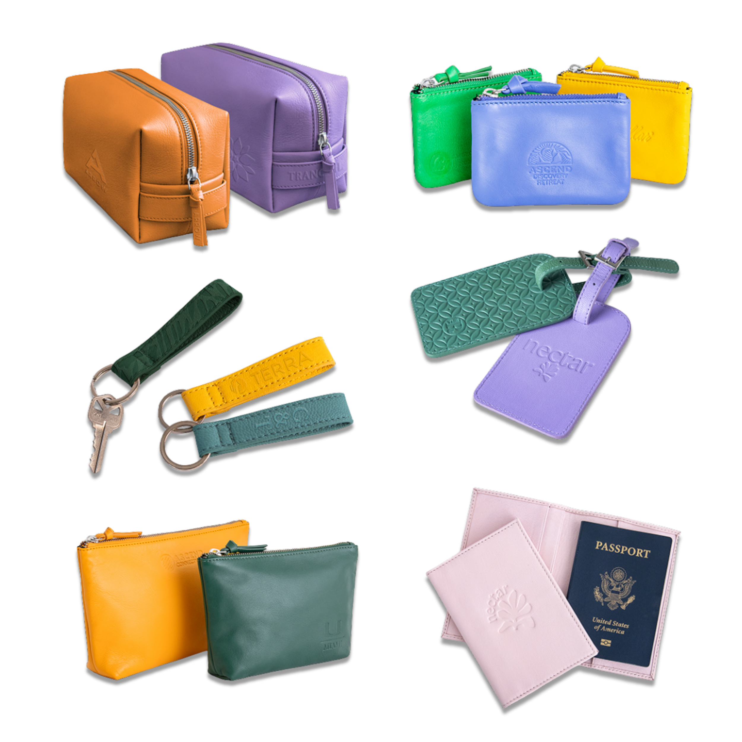 Colorful leather pouches, keychains, and passport holders arranged on a black background.