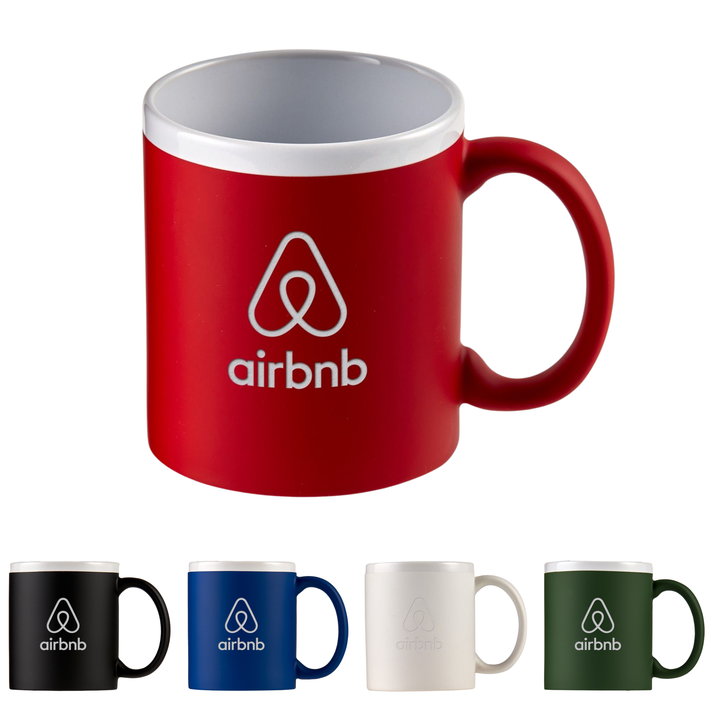 A red Airbnb branded coffee mug with white inside, placed above four other mugs in black, blue, white, and green, all featuring the Airbnb logo and text.