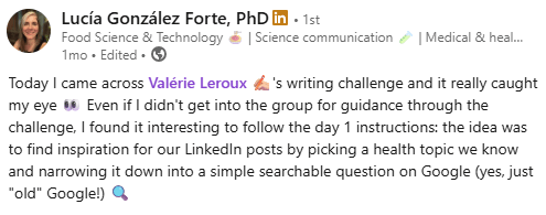LinkedIn post by Lucía González Forte discussing a writing challenge by Valérie Leroux about health topics, with emojis of a pencil, lock, and magnifying glass.