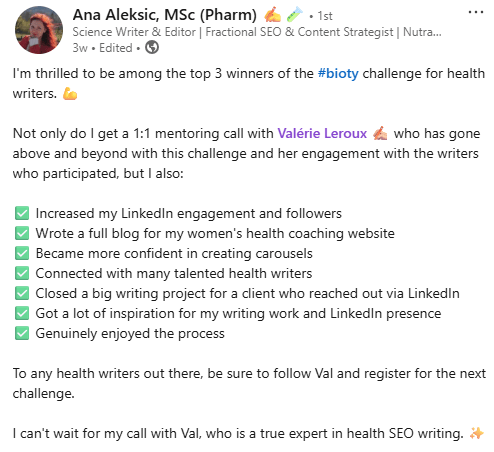 Screenshot of a LinkedIn post by Ana Aleksic, MSc, celebrating her win in the Bioty challenge for health writers and her mentoring session with Valérie Leroux.