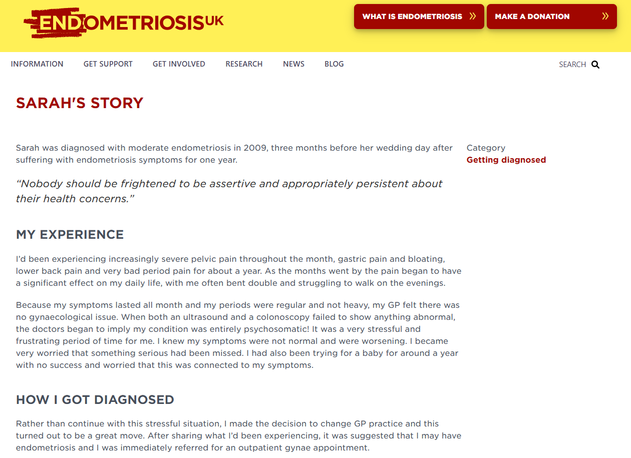 Screenshot of a first-person patient story from Endometriosis UK, showing a woman describing her experience of symptoms and diagnosis in her own words.