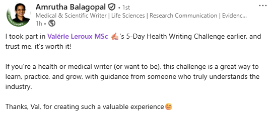 LinkedIn post by Amrutha Balagopal promoting a 5-day health writing challenge, mentioning Valérie Leroux MSc and expressing appreciation for her experience.