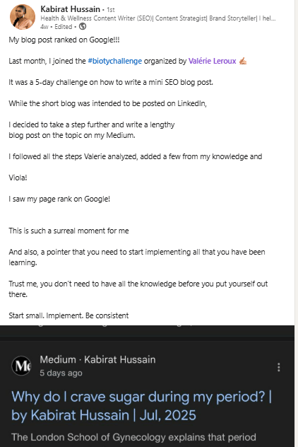 Screenshot of a social media post by Kabirat Hussain sharing her experience with a 5-day SEO blog challenge organized by Valérie Leroux, including her progress and advice for beginners.