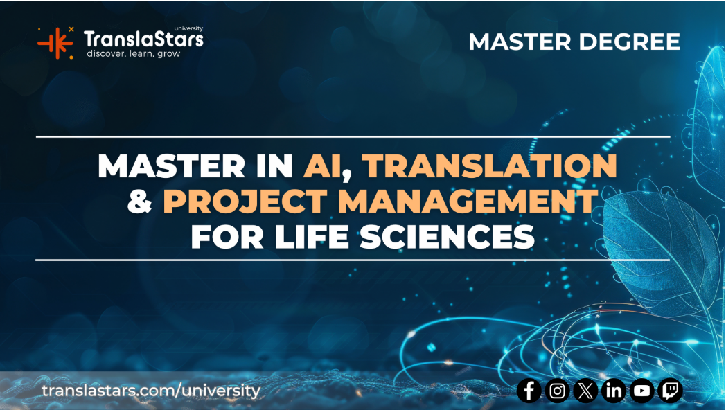 A promotional banner for a master's degree program by TranslaStars University. The program is in AI, translation, and project management for life sciences. The banner includes the university's logo, the degree title, and social media icons at the bottom right corner