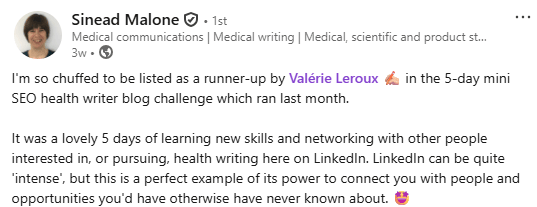 LinkedIn post by Sinead Malone about participating in a 5-day mini SEO health writer blog challenge from Valerie Leroux MSc, expressing positive feelings about learning new skills and networking.