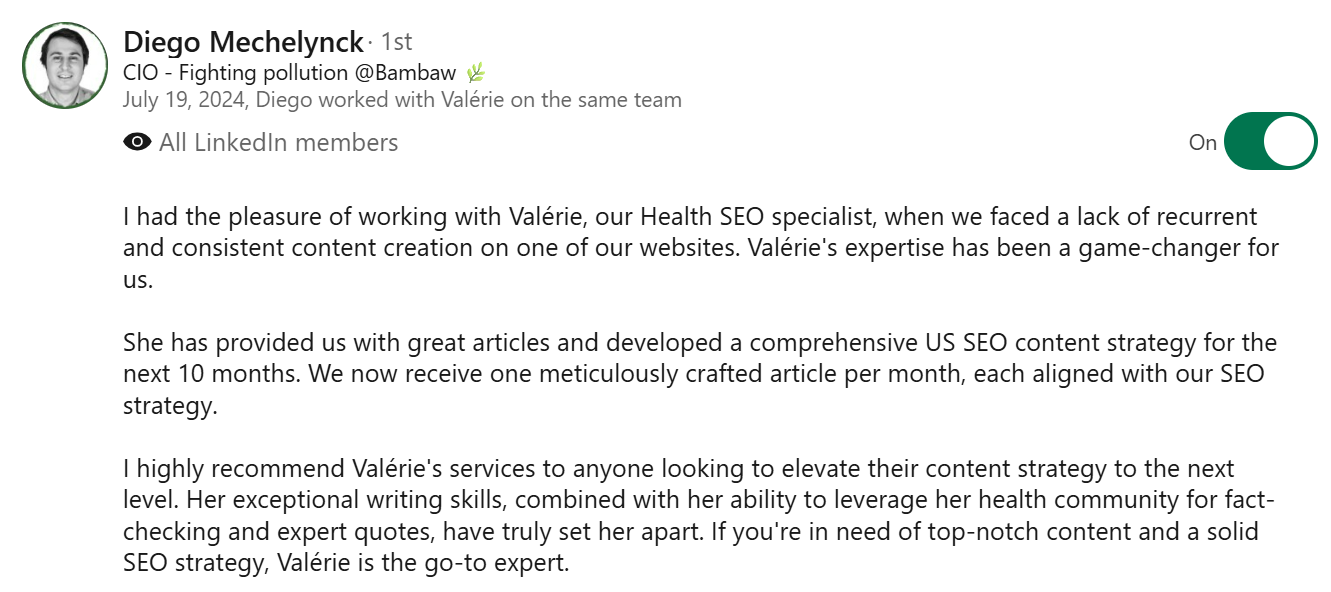 LinkedIn testimonial from Diego Mechelynck, CIO, praising Valerie as a health SEO specialist for delivering high-quality articles and delivering a comprehensive US content strategy