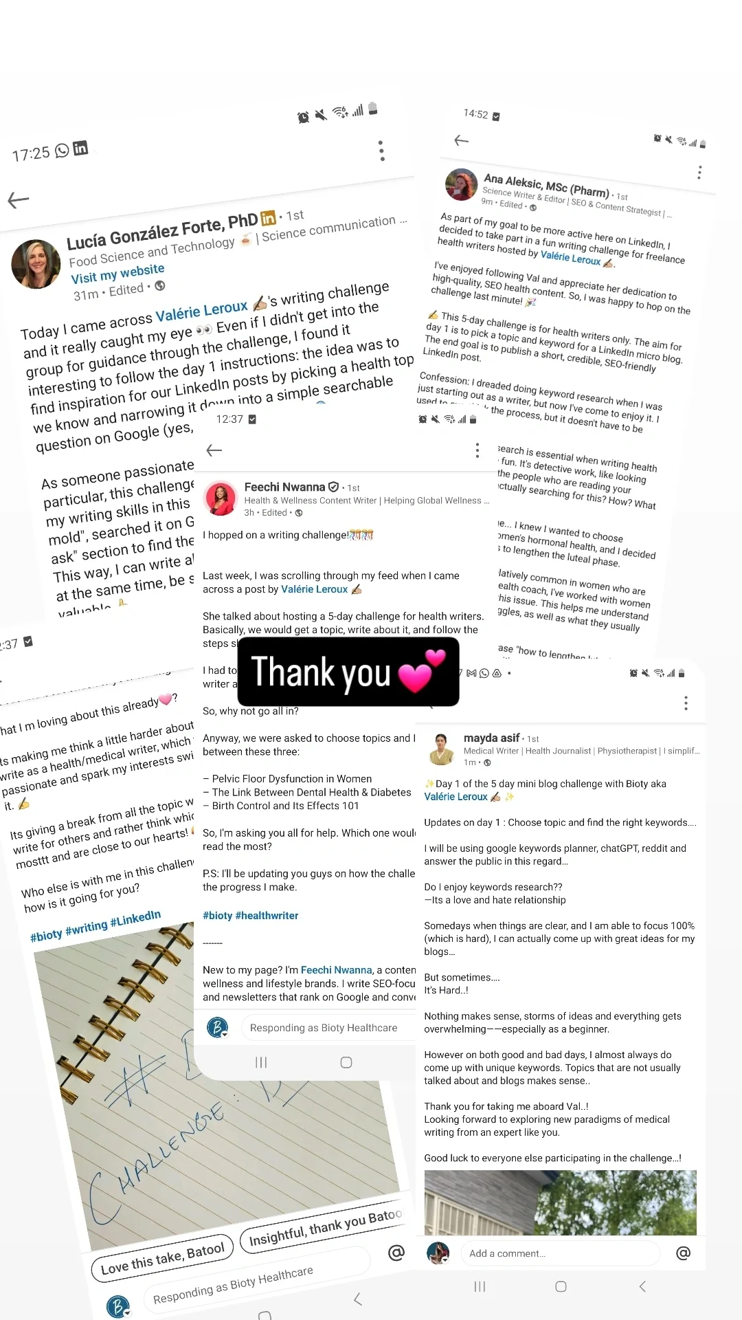 Screenshots of social media posts and messages discussing a five-day health writer's challenge from Valerie Leroux MSc, including comments, personal reflections, and an image of a handwritten note with '#CHALLENGE' written on it.