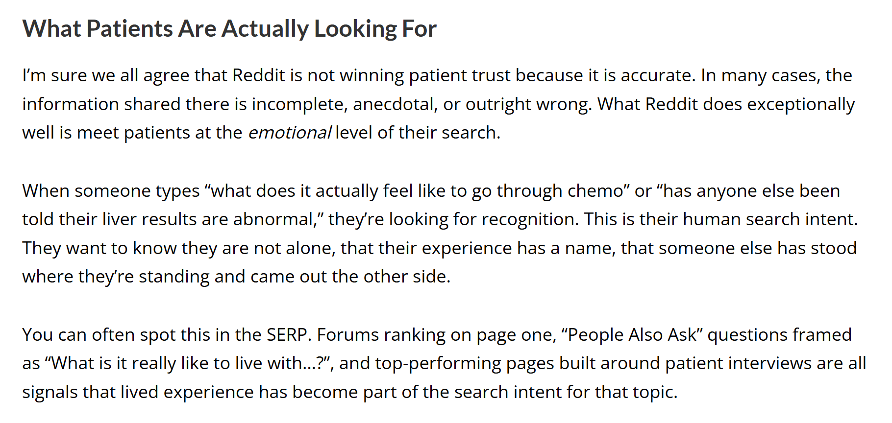 Blog page authored by Valerie Leroux MSc and titled 'What Patients Are Actually Looking For' discussing patient search behavior on Reddit and search engine results pages.