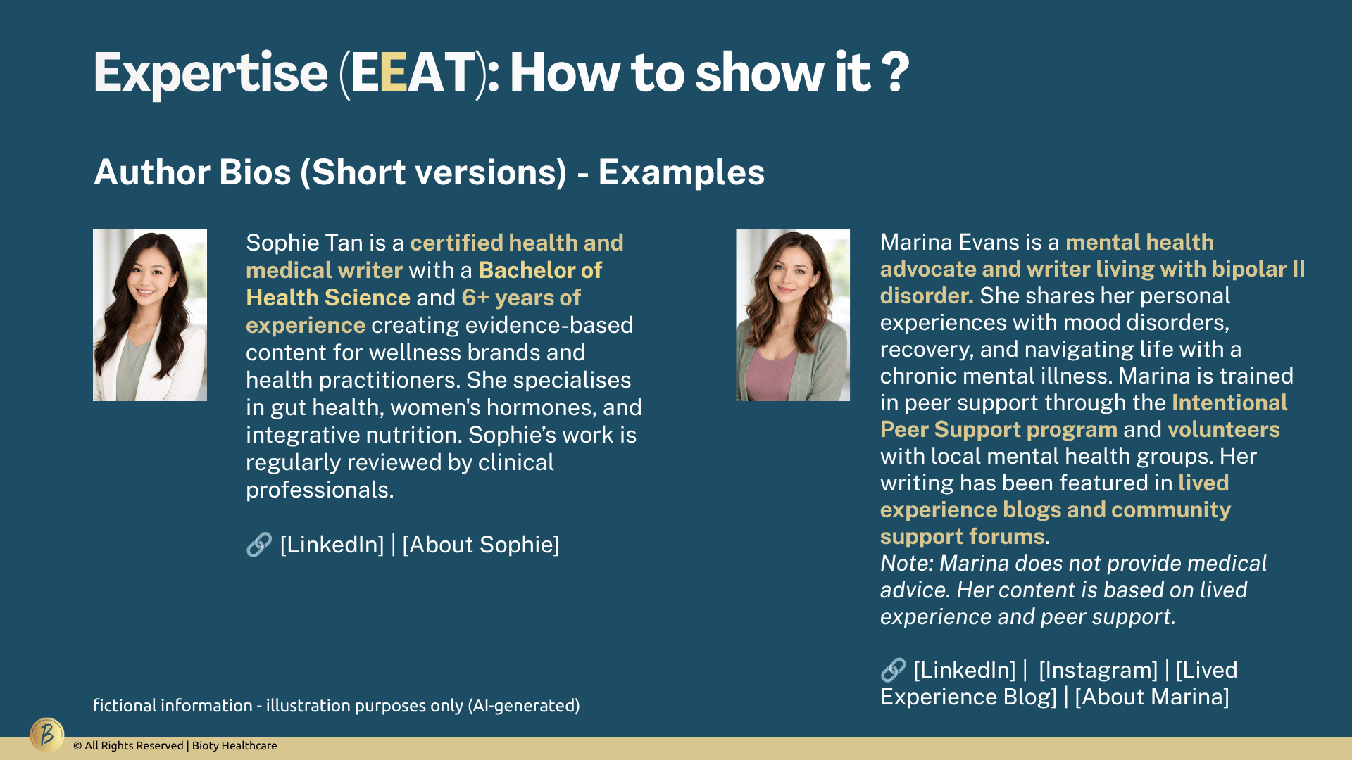 Examples comparing two fictional health writer bios: Sophie, a certified medical writer with academic and professional experience, and Marina, a mental health advocate whose credibility comes from lived experience and peer support.