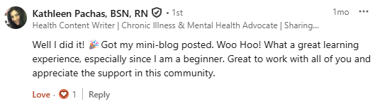 Screenshot of a Facebook post by Kathleen Pachas celebrating her mini-blog post about her learning experience during the Bioty writing challenge.