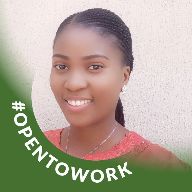 Abigail profile picture: Smiling young woman with braided hair wearing earrings, a necklace, and a red top, against a textured light-colored background, with a green circular overlay featuring the hashtag #OPENTOWORK.