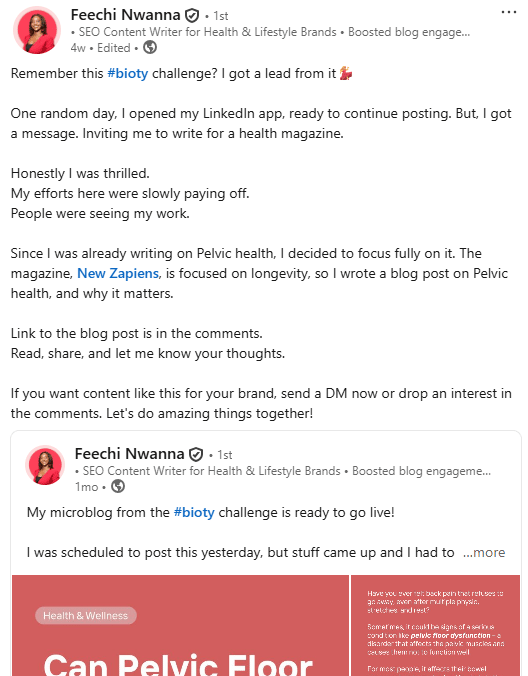 Screenshot of a social media post by Feeshi Nwanna discussing her experience with the Bioty challenge, LinkedIn messaging, and writing for a health magazine, focusing on pelvic health, with a preview of a related blog post.