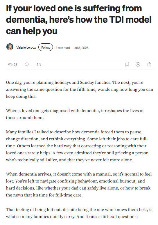 Screenshot of a blog introduction by Valerie Leroux about dementia and the TDI model, showing how storytelling can help readers feel understood before introducing practical guidance.