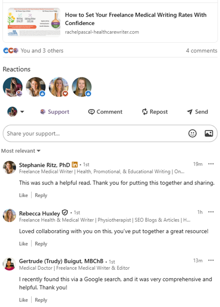 Freelance writers commented on LinkedIn that the blog content was a helpful read and a great resource. One added that they found it via a Google search.