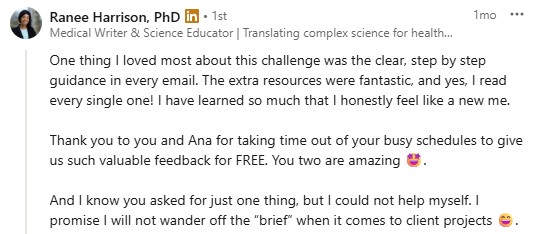 Screenshot of a social media post by Ranee Harrison, PhD, expressing gratitude for guidance and resources shared during the Bioty writing challenge, thanking colleagues, and making a light-hearted promise about client projects.